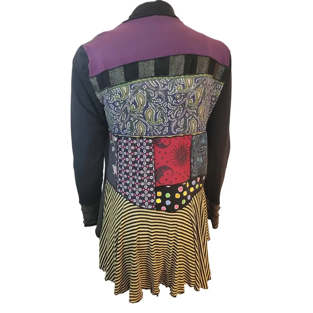 BOHO Lagenlook Artsie  Womens Mixed Print Patchwork Open Front Cardigan‎ Medium